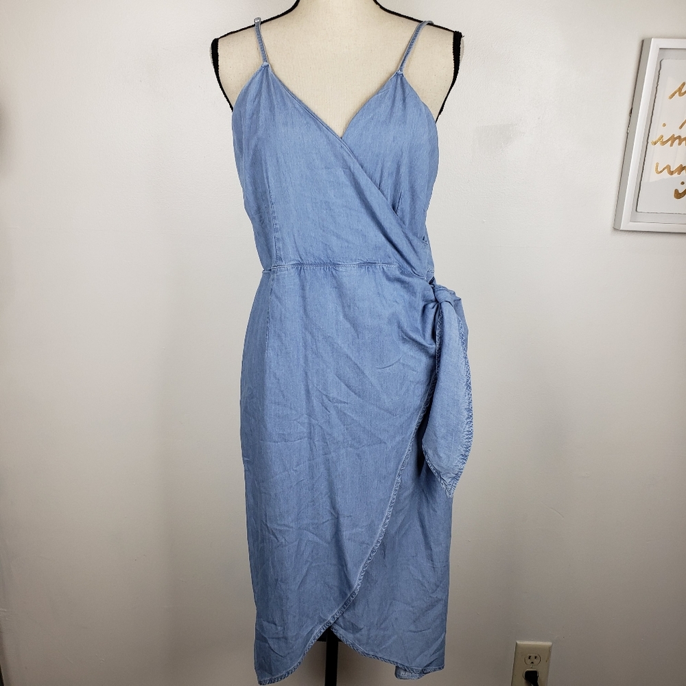 A.B.S. Collection Blue Chambray Tencel Surplice Faux Wrap Midi Dress 10